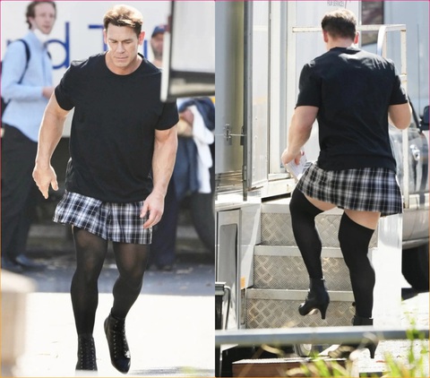 John Cena - từ cựu đô vật trở thành 'chú hề' dễ mến trên màn ảnh Hollywood- Ảnh 3. John Cena chọc cười khi mặc váy, trang điểm nữ tính cho thân hình vạm vỡ khi đóng phim Ricky Stanicky