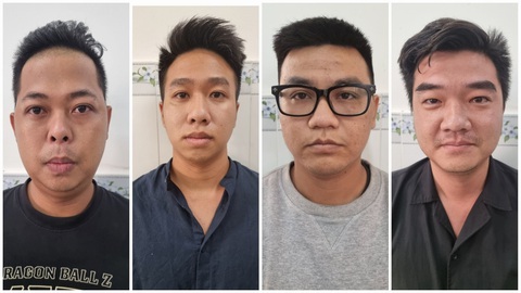 Bắt giam 4 người sử dụng công nghệ cao chiếm đoạt tài sản- Ảnh 1. Thái, Tài, Chương và Phúc (từ trái qua) bị Công an TP Rạch Giá bắt tạm giam về tội sử dụng mạng máy tính, mạng viễn thông, phương tiện điện tử thực hiện hành vi chiếm đoạt tài sản - Ảnh: VĂN VŨ