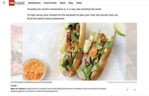 Bánh mì Việt Nam đứng thứ 5 trong top 24 món sandwich ngon nhất thế giới do CNN Travel bình chọn vào tháng 4-2023 - Ảnh chụp màn hình Bánh mì Việt Nam đứng thứ 5 trong top 24 món sandwich ngon nhất thế giới do CNN Travel bình chọn vào tháng 4-2023 - Ảnh chụp màn hình