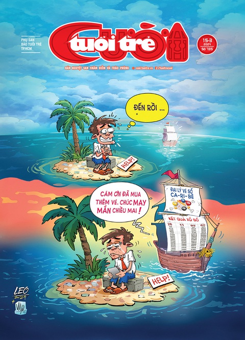 Tuổi Trẻ Cười số 15-3-2024: Cơn sốt vé số- Ảnh 1. Bìa báo Tuổi Trẻ Cười số 15-3-2024: Tờ vé số đã xuất hiện trên hoang đảo - Tranh: Viiip+Leo