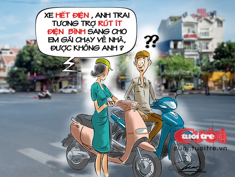 Khi xe máy điện... 'hết xăng'- Ảnh 1. Khi xe máy điện phải "lụy" xe chạy xăng - Tranh: Đỗ Minh Tuấn