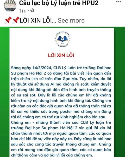 Đóng fanpage, xin lỗi vì dùng AI vẽ poster sự kiện lịch sử Gạc Ma gây phẫn nộ- Ảnh 2. Bài viết xin lỗi được đăng tải trên fanpage câu lạc bộ Lý luận trẻ Trường đại học Sư phạm Hà Nội 2