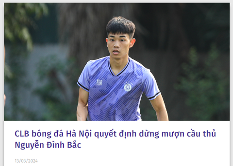 CLB Hà Nội thông báo thương vụ đổ bể vì ban lãnh đạo nhận thấy cầu thủ Nguyễn Đình Bắc không phù hợp với đội bóng - Ảnh: hanoifc.com.vn CLB Hà Nội thông báo thương vụ đổ bể vì ban lãnh đạo nhận thấy cầu thủ Nguyễn Đình Bắc không phù hợp với đội bóng - Ảnh: hanoifc.com.vn