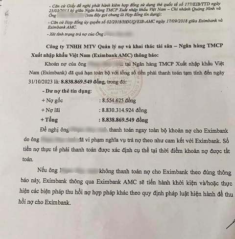 Khách hàng nói gì vụ nợ tín dụng từ 8,5 triệu đồng lên hơn 8,8 tỉ đồng?- Ảnh 1. Thông báo nhắc nợ của Eximbank AMC gửi đến khách hàng gây xôn xao trên mạng xã hội