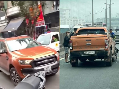 Vụ xe bán tải tông loạt xe và người trên phố Hà Nội: Tài xế có ma túy- Ảnh 2. Chiếc xe bỏ chạy bị khống chế ở đường vành đai 3 - Ảnh: Q.A.