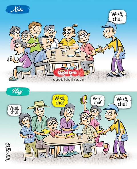 Vé số dạo xưa và nay- Ảnh 1. Vé số xưa và nay - Tranh: Đức Thuận