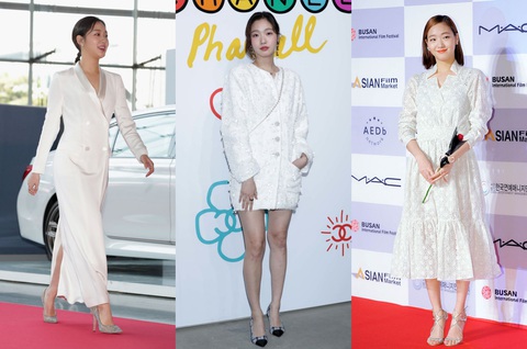 Học phong cách thời trang từ 'nữ pháp sư' Kim Go Eun- Ảnh 3. Trong trang phục màu trắng, Kim Go Eun biết cách để trông mình không nhàm chán. Cô nhấn nhá trang phục với các phụ kiện như giày cao gót, bông tai và túi xách của các thương hiệu lớn như Chanel, Jimmy Choo - Ảnh: Getty