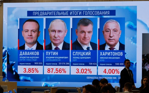 Phát biểu của Tổng thống Putin sau 'chiến thắng huy hoàng'- Ảnh 1. Kết quả sơ bộ của cuộc bầu cử tổng thống Nga được cập nhật trên màn hình tại trụ sở Ủy ban Bầu cử trung ương Nga ở Matxcơva, Nga ngày 17-3 - Ảnh: REUTERS
