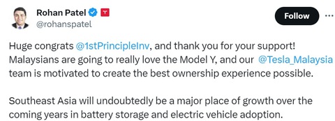 Tesla bày tỏ tham vọng xâm chiếm thị trường ASEAN- Ảnh 1. Bài chia sẻ của lãnh đạo cấp cao Tesla về tầm quan trọng của thị trường Đông Nam Á - Ảnh chụp màn hình