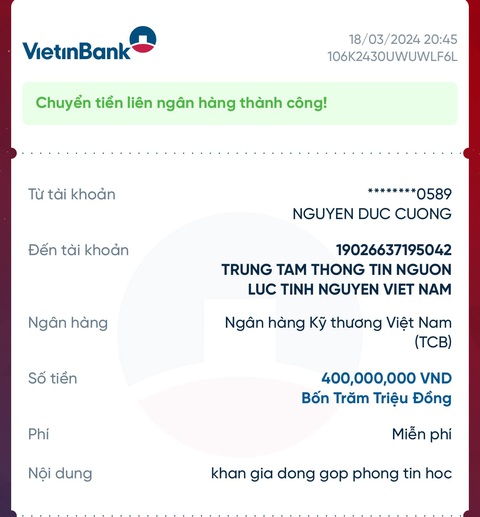 Đen Vâu 'gian lận' tiền từ thiện thế nào mà được khen?- Ảnh 1. Số tiền chuyển đến tài khoản Trung tâm Nguồn lực tình nguyện Việt Nam lệch so với số tiền ca khúc 'Nấu ăn cho em' thu được. (Ảnh: NVCC)