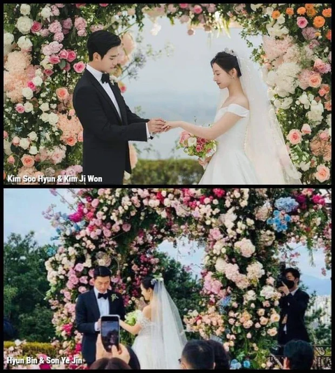Hyun Bin và Son Ye Jin làm cameo 'Queen of tears' theo cách không ngờ- Ảnh 7. Từ địa điểm tổ chức ngoài trời đến thiết kế cổng hoa, rồi lễ phục cưới của cô dâu chú rể đều cực kỳ tương đồng.