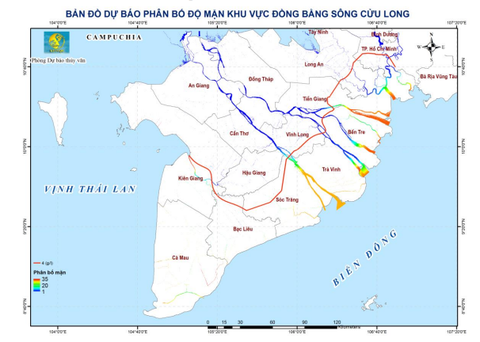 Miền Tây lại thêm đợt xâm nhập mặn mới- Ảnh 1. Bản đồ dự báo xâm nhập mặn cao nhất từ ngày 21 đến 31-3 - Ảnh: NCHMF