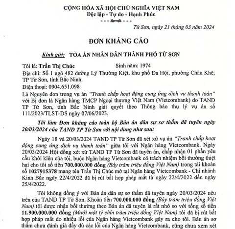 Vụ bị mất 11,9 tỉ được tòa tuyên Vietcombank bồi thường 700 triệu: Khách hàng kháng cáo- Ảnh 1. Khách hàng bị mất 11,9 tỉ, tòa tuyên Vietcombank bồi thường 700 triệu đã gửi đơn kháng cáo toàn bộ bản án - Ảnh chụp đơn kháng cáo - L.THANH