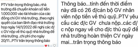 Giáo viên tố trường nhiều lần chuyển tiền 'thưởng' dịp Tết, 20-11 rồi đòi lại- Ảnh 1. Giáo viên bức xúc khi nhà trường chuyển tiền rồi nhắn tin yêu cầu nộp lại