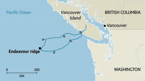 Bản đồ các trạm quan sát và cáp dưới biển của dự án NEPTUNE ở khu vực ngoài khơi đảo Vancouver - Ảnh: THE GLOBE AND MAIL Bản đồ các trạm quan sát và cáp dưới biển của dự án NEPTUNE ở khu vực ngoài khơi đảo Vancouver - Ảnh: THE GLOBE AND MAIL