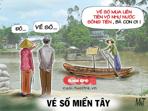 Khi vé số về miền Tây- Ảnh 1. Khi vé số về miền Tây - Tranh: Đỗ Minh Tuấn