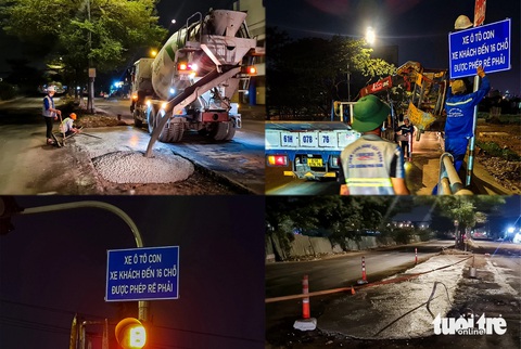 Thu gọn tiểu đảo ở nút giao Nguyễn Văn Linh - Nguyễn Hữu Thọ để giảm ùn tắc- Ảnh 2. Đơn vị thi công bắt đầu tháo dỡ tiểu đảo, điều chỉnh nút giao Nguyễn Văn Linh - Nguyễn Hữu Thọ từ rạng sáng nay - Ảnh: GIAI THỤY