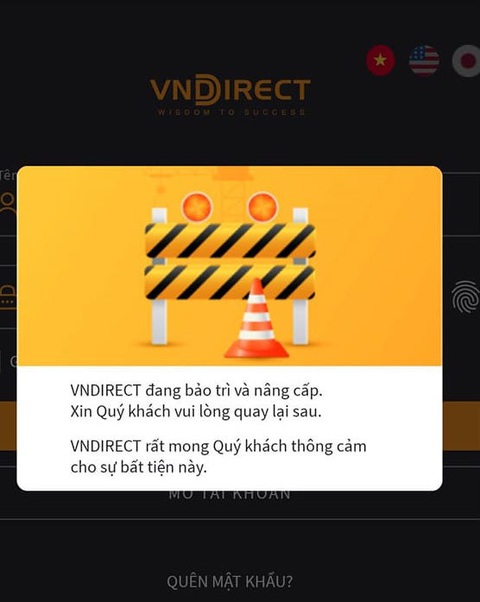 Chứng khoán đỏ lửa, khách hàng VNDirect 'sốt ruột' vì không đua được lệnh- Ảnh 2. Nhà đầu tư mở tài khoản tại VNDirect vẫn chưa thể truy cập được ứng dụng để giao dịch - Ảnh chụp màn hình