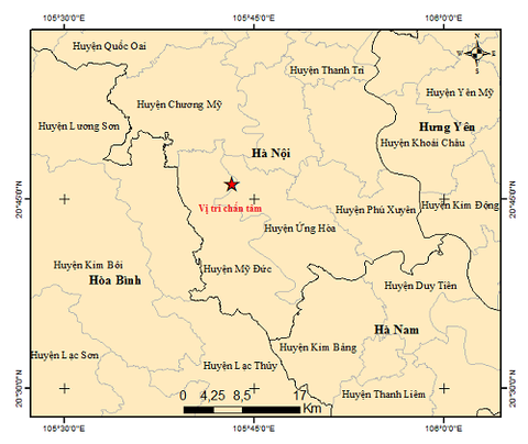 Động đất mạnh 4 độ ở Hà Nội- Ảnh 1. Bản đồ tâm chấn trận động đất tại Mỹ Đức, Hà Nội sáng 25-3- Ảnh: Viện Vật lý địa cầu