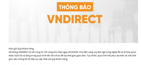 Chứng khoán VNDirect: Hệ thống chúng tôi bị tấn công- Ảnh 1. Thông báo hệ thống bị tấn công của VNDirect - Ảnh chụp màn hình