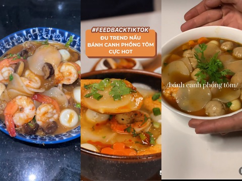Trend nấu bánh canh phồng tôm trên TikTok - Ảnh: eatwpeach - yeubepofficial - tochannam. Trend nấu bánh canh phồng tôm trên TikTok - Ảnh: eatwpeach - yeubepofficial - tochannam.
