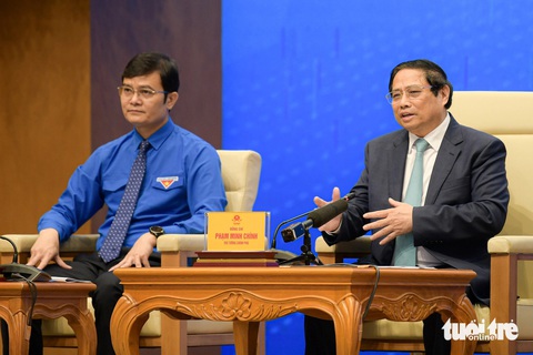 Ảnh: NAM TRẦN Thủ tướng Chính phủ Phạm Minh Chính tại đối thoại với bạn trẻ sáng 26-3 - Ảnh: NAM TRẦN