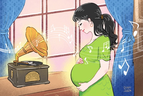 Thai giáo không đúng cách: Mẹ bầu căng thẳng, thai nhi khó chịu- Ảnh 1. Thai phụ chỉ nên mở nhạc loa ngoài ở mức vừa phải, vừa đủ nghe để giúp phát triển thính giác của bé - Minh họa: ĐẶNG HỒNG QUÂN