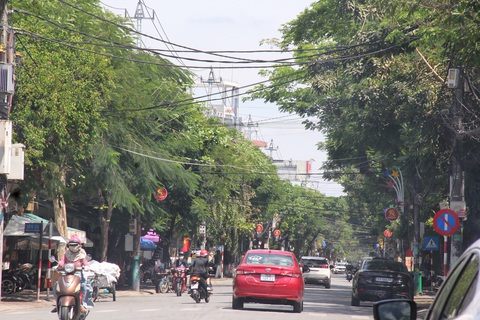 Mùa nắng cần bóng mát sao lại chặt cây?- Ảnh 2. Đường Phan Đình Phùng, cây phía có đường dây bị phạt ngọn, còn cây bên kia xanh mát