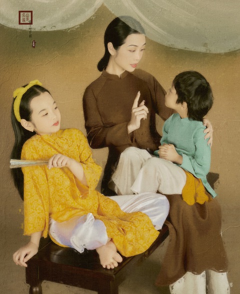 Hai em bé thích thú cùng mẹ ‘xuyên không’ vào tranh - Ảnh: NVCC Hai em bé thích thú cùng mẹ ‘xuyên không’ vào tranh - Ảnh: NVCC