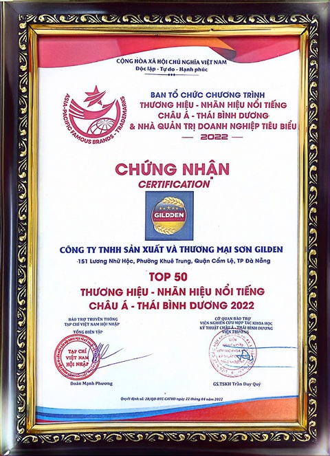 Sơn Gildden đã vinh dự nhận Chứng nhận Top 50 thương hiệu - nhãn hiệu nổi tiếng Châu Á - Thái Bình Dương Sơn Gildden đã vinh dự nhận Chứng nhận Top 50 thương hiệu - nhãn hiệu nổi tiếng Châu Á - Thái Bình Dương