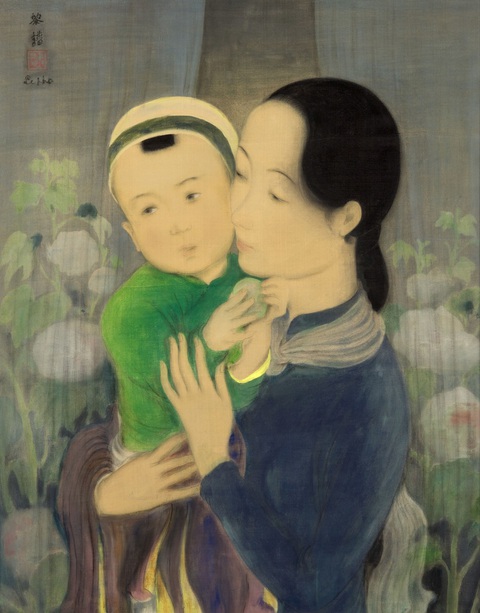 Cả gia đình 'diễn xuất' theo phong cách bức họa triệu đô của Lê Phổ và Mai Trung Thứ- Ảnh 8. Tranh Mẹ và con trước nền hoa của Lê Phổ