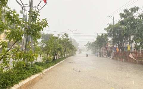 Miền núi Quảng Nam đón mưa giải nhiệt, cây cối bật gốc ngã đổ trên đường- Ảnh 1. Tuyến đường Hồ Chí Minh qua thị trấn Prao, huyện Đông Giang ngập nước sâu sau cơn mưa nặng hạt - Ảnh: LÊ TRUNG