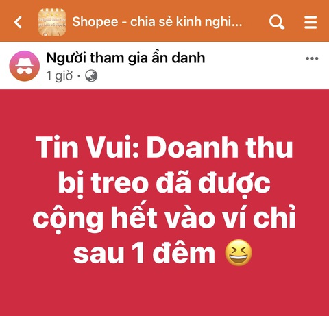 Shopee bị tố chiếm dụng vốn: Người bán vừa được trả 1/3 số tiền- Ảnh 2. Người bán hàng trên Shopee trong group trên mạng chia sẻ trạng thái vui mừng khi tiền được về lại tài khoản- Ảnh: THẢO THƯƠNG