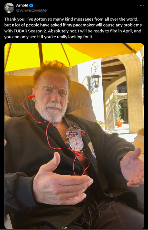Kẻ hủy diệt Arnold Schwarzenegger tiết lộ vẫn khỏe dù mang bệnh tim bẩm sinh- Ảnh 1. Nam diễn viên Arnold Schwarzenegger cảm ơn mọi người đã hỏi thăm sức khỏe và cập nhật tình hình của mình trên X - Ảnh: X