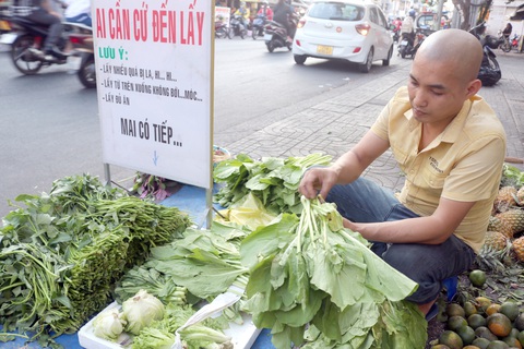 Anh Nguyễn Văn Ngọc chuẩn bị rau để sẵn cho bà con đến lấy - Ảnh: TRÚC QUYÊN Anh Nguyễn Văn Ngọc chuẩn bị rau để sẵn cho bà con đến lấy - Ảnh: TRÚC QUYÊN