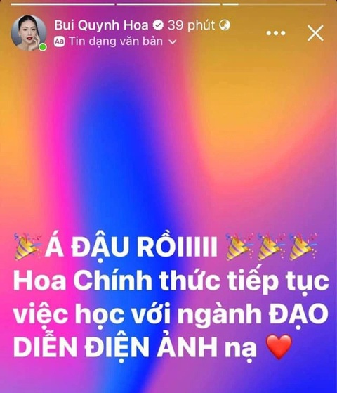 Tin tức giải trí 30-3: Bùi Quỳnh Hoa chưa đi học ngày nào trước khi bị đuổi học- Ảnh 2. Bùi Quỳnh Hoa tự hào khoe trúng tuyển ngành đạo diễn hồi năm ngoái - Ảnh: FBNV