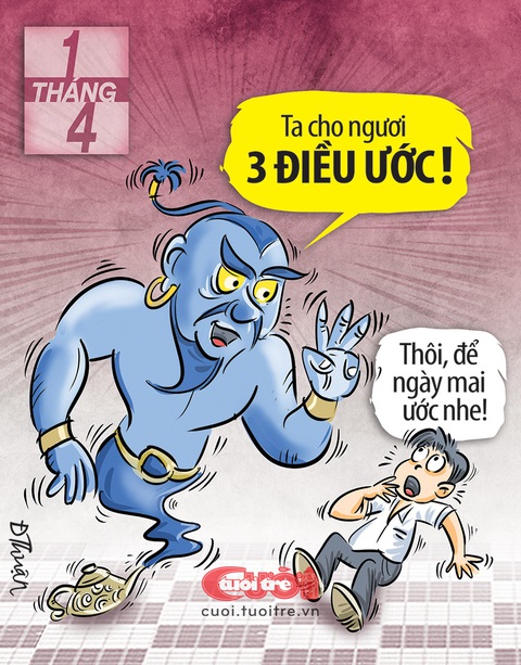 Thanh niên từ chối 3 điều ước của Thần Đèn- Ảnh 1. Thanh niên chê 3 điều ước của Thần Đèn - Tranh: Đức Thuận