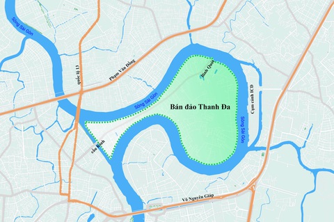 Thực trạng bán đảo Thanh Đa được đề xuất thành công viên- Ảnh 11. Nhìn tổng quan, bán đảo Thanh Đa có nhiều tiềm năng về kết nối giao thông. Cụ thể, thuận lợi kết nối với các khu vực như: đường Võ Nguyên Giáp, cụm cảng ICD, đường Xô Viết Nghệ Tĩnh hướng về trung tâm TP, đường Phạm Văn Đồng hướng quốc lộ 13 đi Bình Dương… và đặc biệt có nhiều mặt giáp sông để phát triển đường thủy - Đồ họa: CHÂU TUẤN