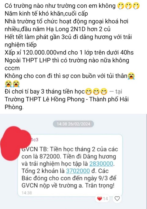 Trường yêu cầu học sinh đóng gần 3 triệu đồng đi trải nghiệm: Sở Giáo dục Hải Phòng nói gì?- Ảnh 3. Nội dung bày tỏ nỗi niềm trên mạng xã hội cùng hình ảnh về thông báo của giáo viên về việc đóng 2,83 triệu đồng cho học sinh đi trải nghiệm - Ảnh: T. THẮNG chụp lại