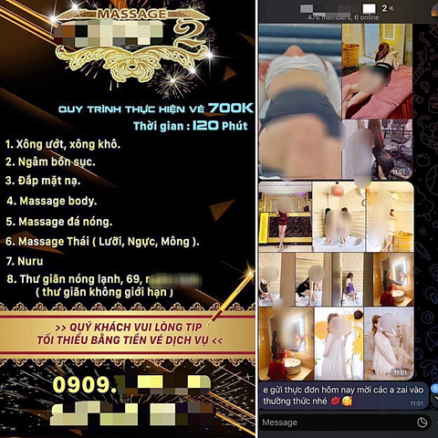 Thông tin giá các gói kích dục và “thực đơn” của một cơ sở massage được công khai chào mời - Ảnh chụp màn hình Thông tin giá các gói kích dục và “thực đơn” của một cơ sở massage được công khai chào mời - Ảnh chụp màn hình