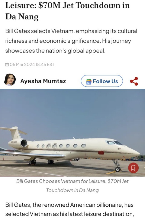 Bill Gates di chuyển đến Đà Nẵng nghỉ dưỡng trên máy bay 70 triệu USD- Ảnh 1. Tờ BNN Breaking sử dụng hình ảnh đăng trên báo Tuổi Trẻ Online chụp chiếc máy bay Gulfstream G650ER ở sân bay Đà Nẵng ngày 5-3