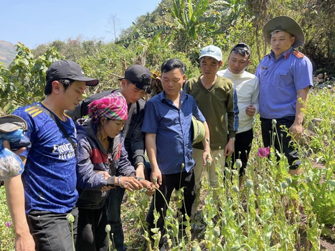 Lén lút trồng thuốc phiện giữa rừng sâu, đang khai thác thì bị bắt- Ảnh 1. Bà Lỳ Khừ Nu (thứ 2 từ trái qua) bị bắt quả tang khi đang khai thác nhựa cây thuốc phiện - Ảnh: Công an tỉnh Lai Châu