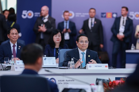 Thủ tướng đề xuất ASEAN và Úc tăng gấp đôi kim ngạch thương mại trong 10 năm- Ảnh 1. Thủ tướng Phạm Minh Chính phát biểu tại hội nghị ngày 6-3 - Ảnh: NHẬT BẮC