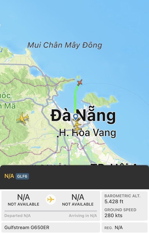 Máy bay chở tỉ phú Bill Gates vừa rời khỏi Đà Nẵng- Ảnh 4. Dữ liệu trên ứng dụng Flightradar24 vào thời điểm máy bay chở tỉ phú Bill Gates vừa rời khỏi Đà Nẵng - Ảnh chụp lại màn hình