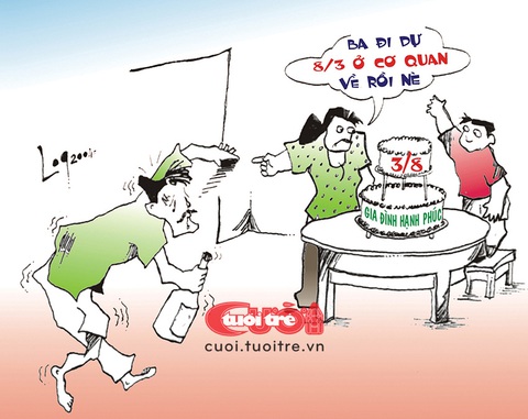 Những ông chồng liều lĩnh cà khịa vợ ngày 8-3- Ảnh 3. Ba đi dự lễ 8-3 về - Tranh: Log