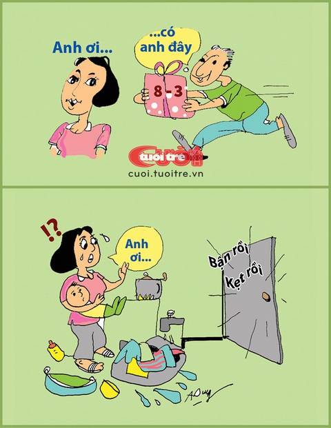 Quốc tế Phụ nữ xưa và nay- Ảnh 3. Anh bận liên tục sau ngày cưới - Tranh: Anh Dũng