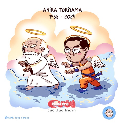 Vĩnh biệt cha đẻ Dragon Ball, Akira Toriyama- Ảnh 2. Akira Toriyama, cha đẻ Dragon Ball khi ở trên Thiên đường - Tranh: Anh Trọc Comics