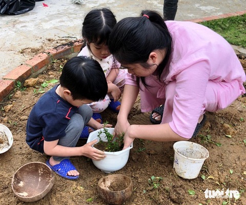 Trường mầm non không nhận quà ngày 8-3, chỉ nhận ‘cây con có rễ’- Ảnh 2. Các bạn nhỏ cùng cô giáo tại Trường mầm non Lâm Tỳ Ni trồng cây con có rễ là quà ngày 8-3 của phụ huynh gửi tặng nhà trường - Ảnh: NHẬT LINH
