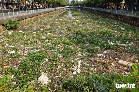 Rác đầy nhiều đoạn kênh Nhiêu Lộc - Thị Nghè do... đang trình phương án- Ảnh 1. Rác thải các loại cùng với cây cỏ, lục bình ngập kéo dài hàng trăm mét trên kênh Nhiêu Lộc - Ảnh: NGUYỄN CÔNG THÀNH