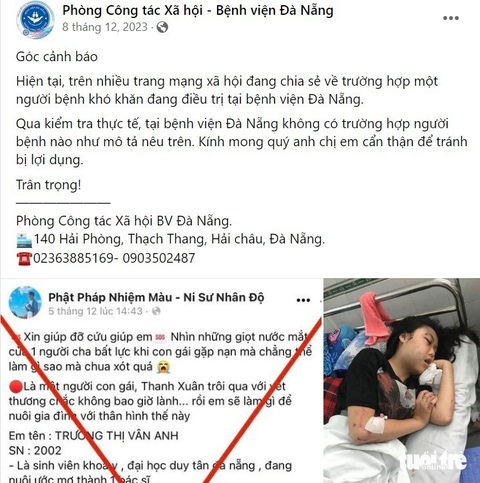 Bệnh viện cảnh báo bài đăng giả mạo kêu gọi giúp bệnh nhân nghèo- Ảnh 3. Tháng 12-2023, Phòng công tác xã hội Bệnh viện Đà Nẵng đã cảnh báo người dân về chiêu thức lừa đảo này - Ảnh: chụp màn hình